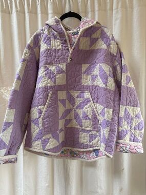 Vintage Quilt Patchwork Hoodie in Lavender and Cream